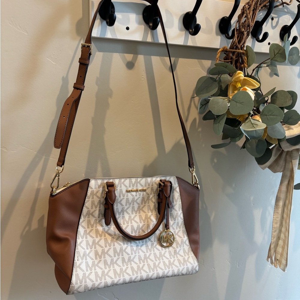 Michael Kors Brown & White MK Logo Satchel with Gold Accent